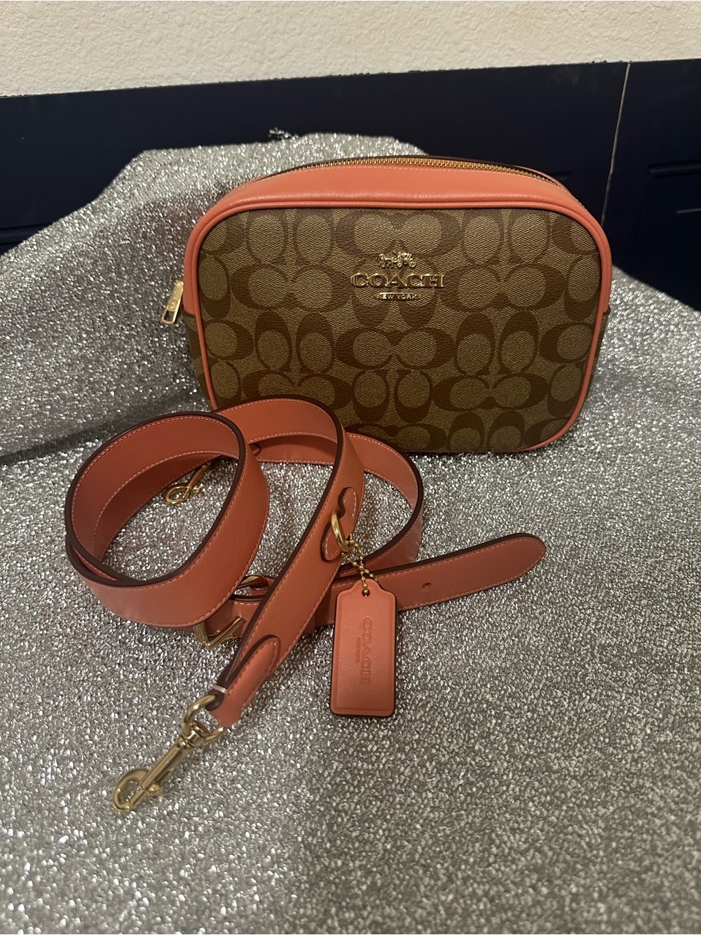 Coach Brown Signature Canvas Crossbody with Coral Trim and Gold Hardware